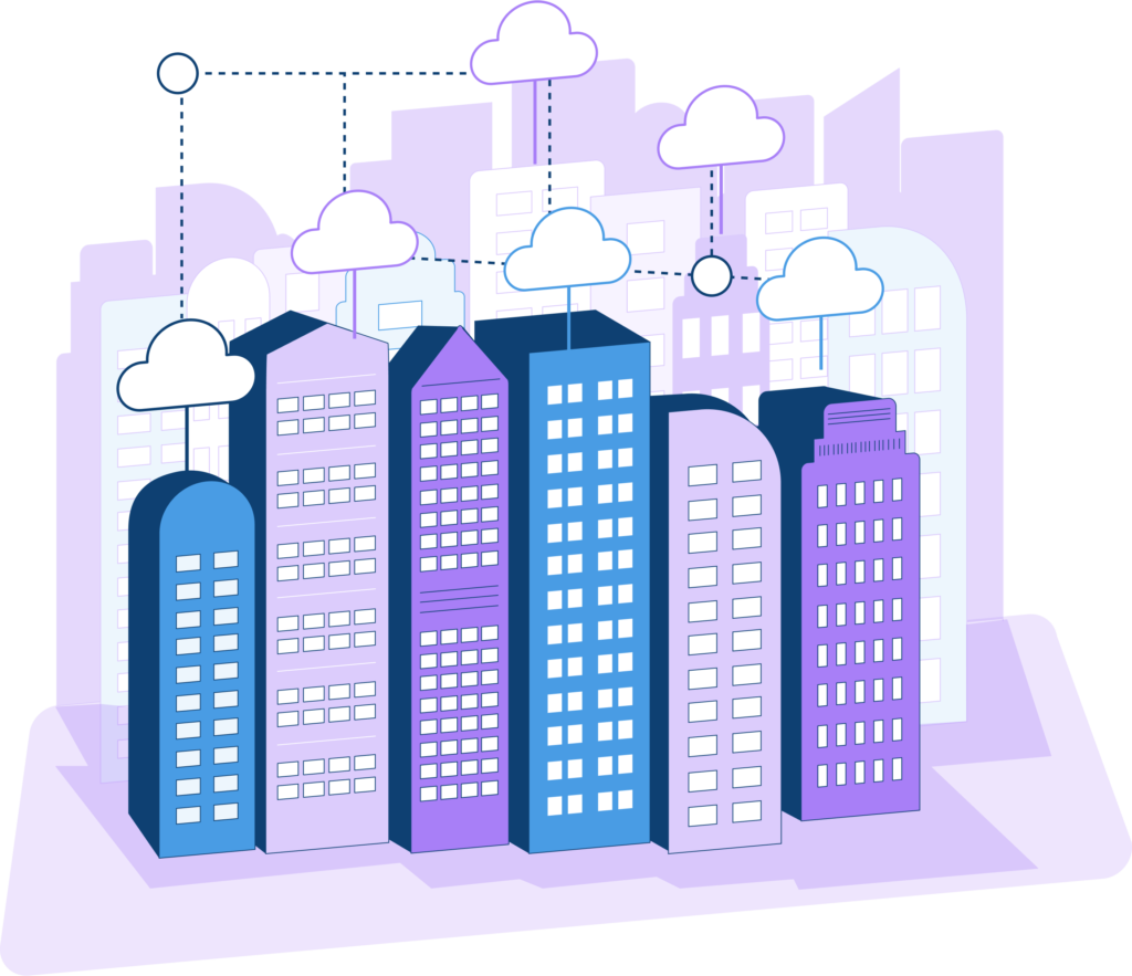 Slightly angled buildings and clouds illustration